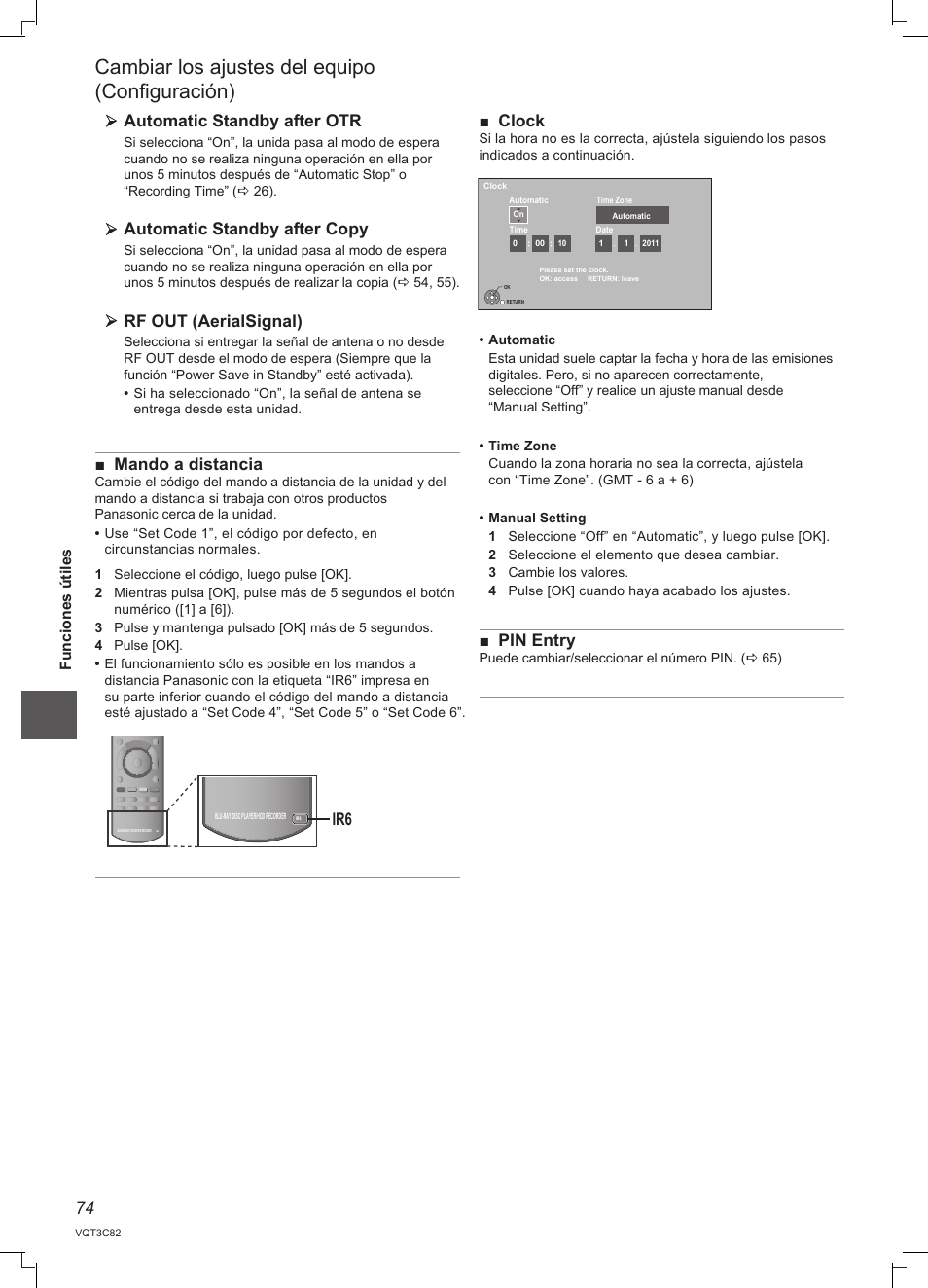 Cambiar los ajustes del equipo (configuración), Automatic standby after otr, Automatic standby after copy | Rf out (aerialsignal), Mando a distancia, Clock, Pin entry | Panasonic DMRPWT500EC User Manual | Page 74 / 96