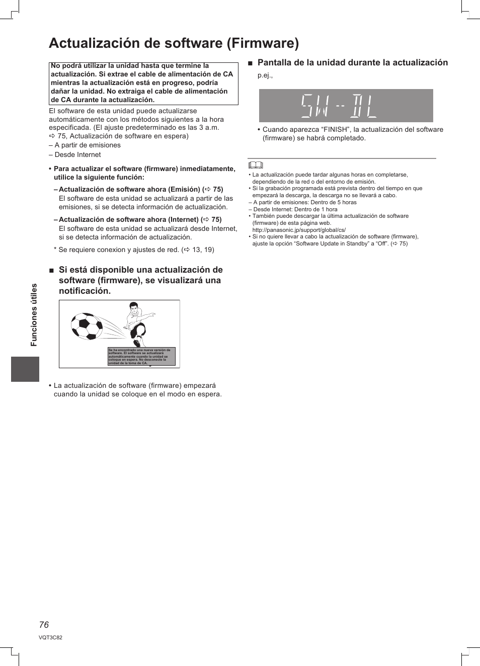 Actualización de software (firmware), Pantalla de la unidad durante la actualización | Panasonic DMRPWT500EC User Manual | Page 76 / 96