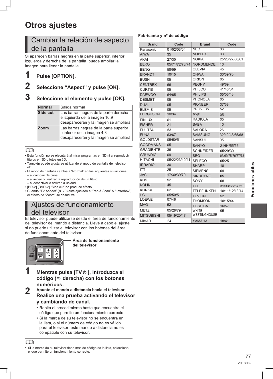 Otros ajustes, Cambiar la relación de aspecto de la pantalla, Ajustes de funcionamiento del televisor | Pulse [option, Seleccione “aspect” y pulse [ok, Seleccione el elemento y pulse [ok | Panasonic DMRPWT500EC User Manual | Page 77 / 96