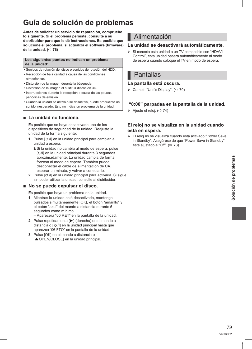 Guía de solución de problemas, Alimentación pantallas | Panasonic DMRPWT500EC User Manual | Page 79 / 96