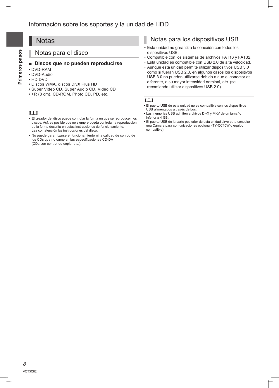 Notas, Información sobre los soportes y la unidad de hdd | Panasonic DMRPWT500EC User Manual | Page 8 / 96