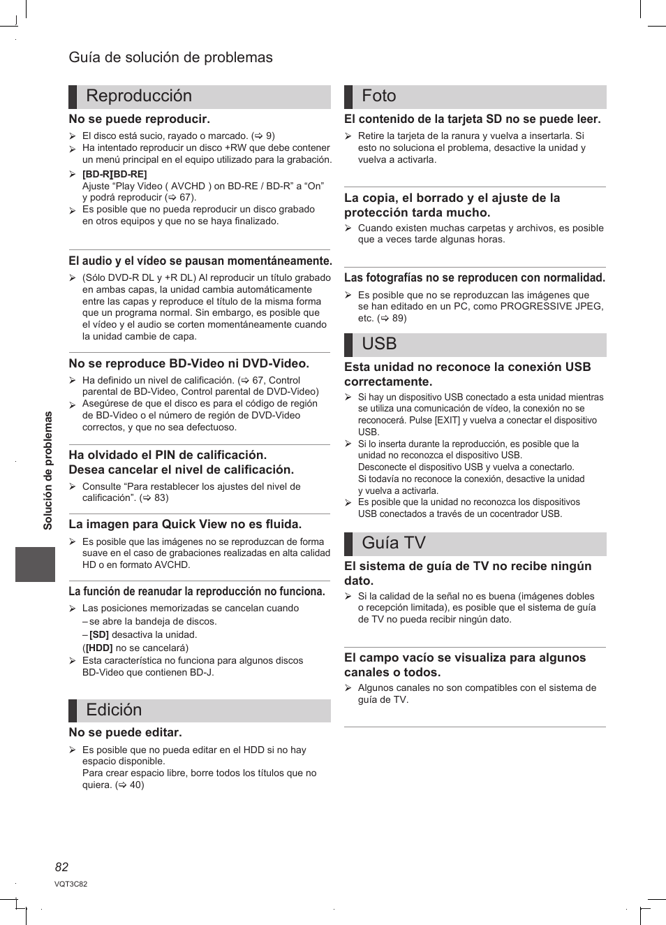 Reproducción edición foto usb guía tv, Guía de solución de problemas | Panasonic DMRPWT500EC User Manual | Page 82 / 96