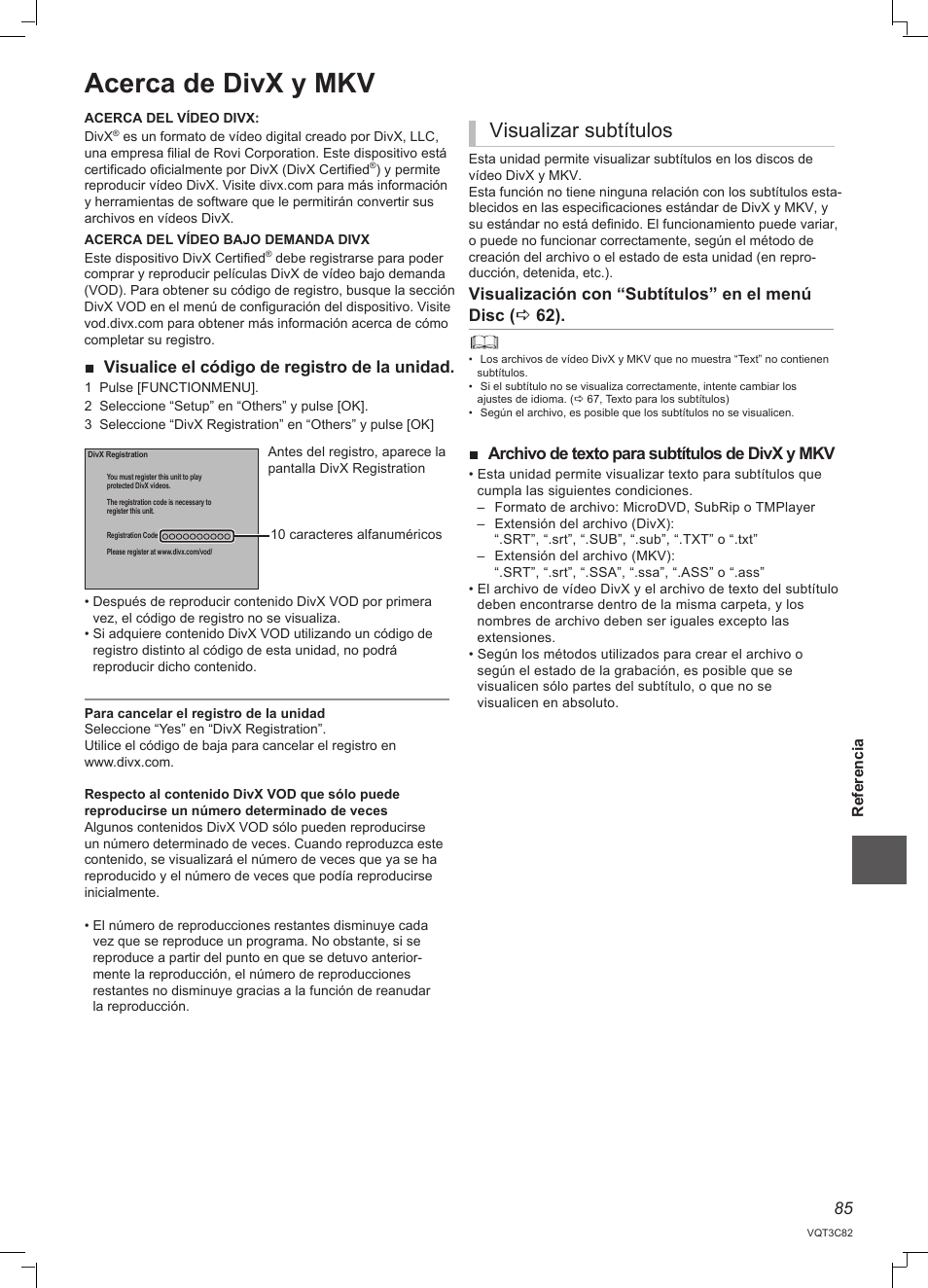 Acerca de divx y mkv, Visualizar subtítulos, Visualice el código de registro de la unidad | Panasonic DMRPWT500EC User Manual | Page 85 / 96