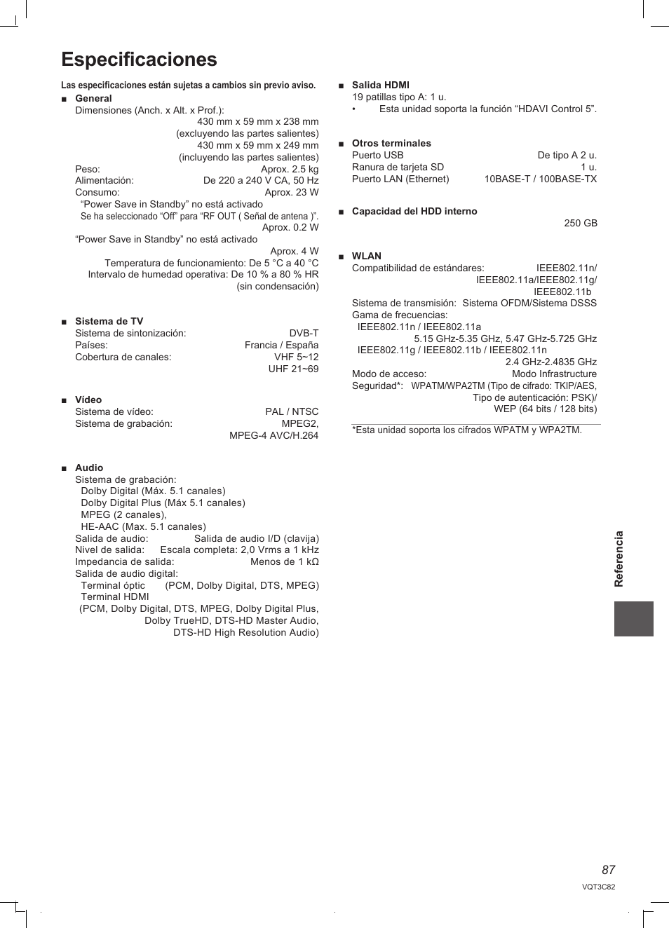 Especificaciones | Panasonic DMRPWT500EC User Manual | Page 87 / 96