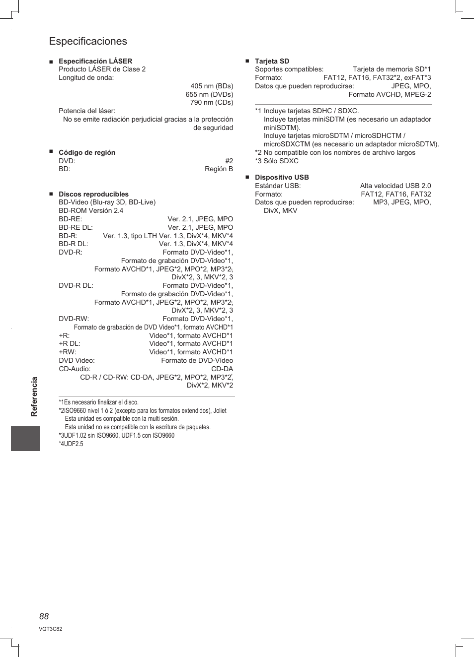 Especificaciones | Panasonic DMRPWT500EC User Manual | Page 88 / 96