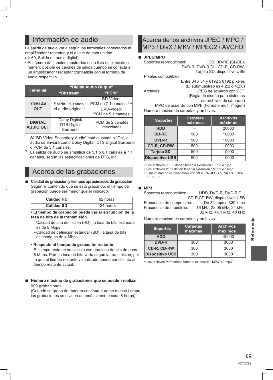 Información de audio, Acerca de las grabaciones | Panasonic DMRPWT500EC User Manual | Page 89 / 96