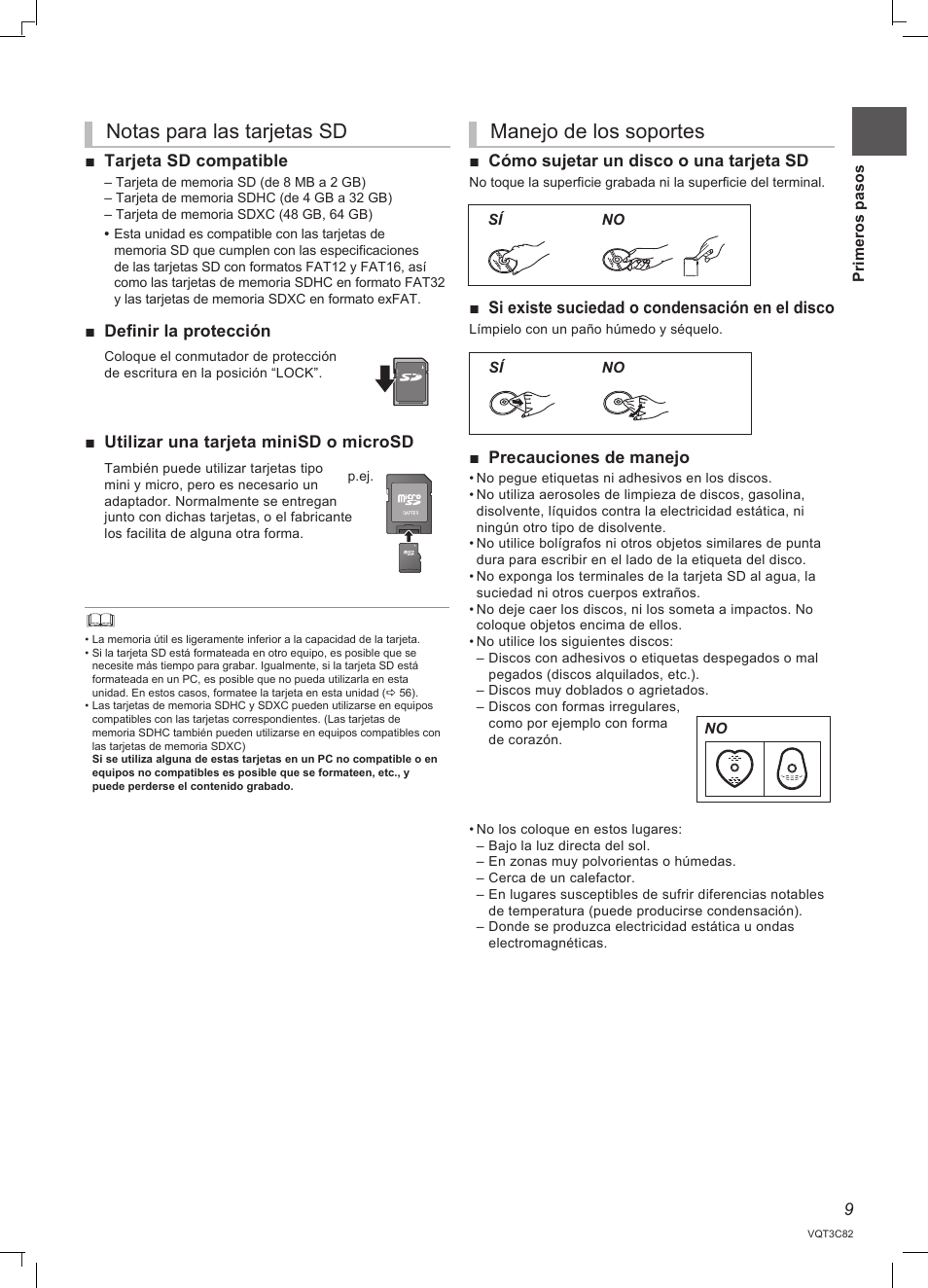 Notas para las tarjetas sd, Manejo de los soportes | Panasonic DMRPWT500EC User Manual | Page 9 / 96