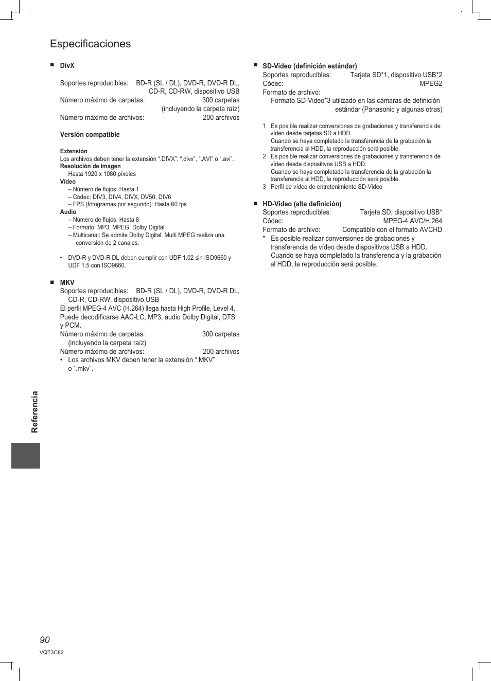 Especificaciones | Panasonic DMRPWT500EC User Manual | Page 90 / 96