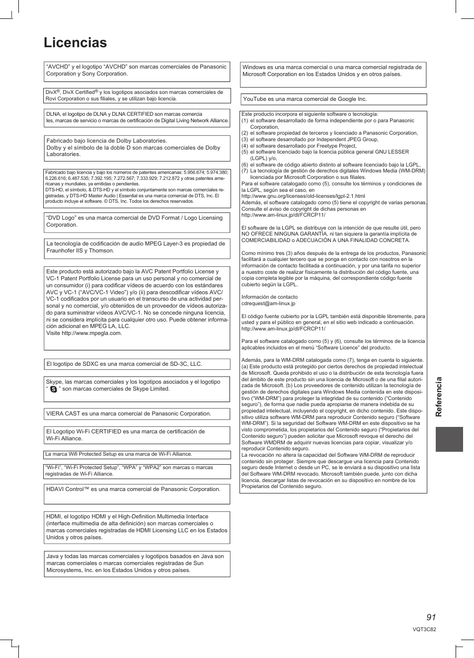 Licencias, Ref er en cia | Panasonic DMRPWT500EC User Manual | Page 91 / 96