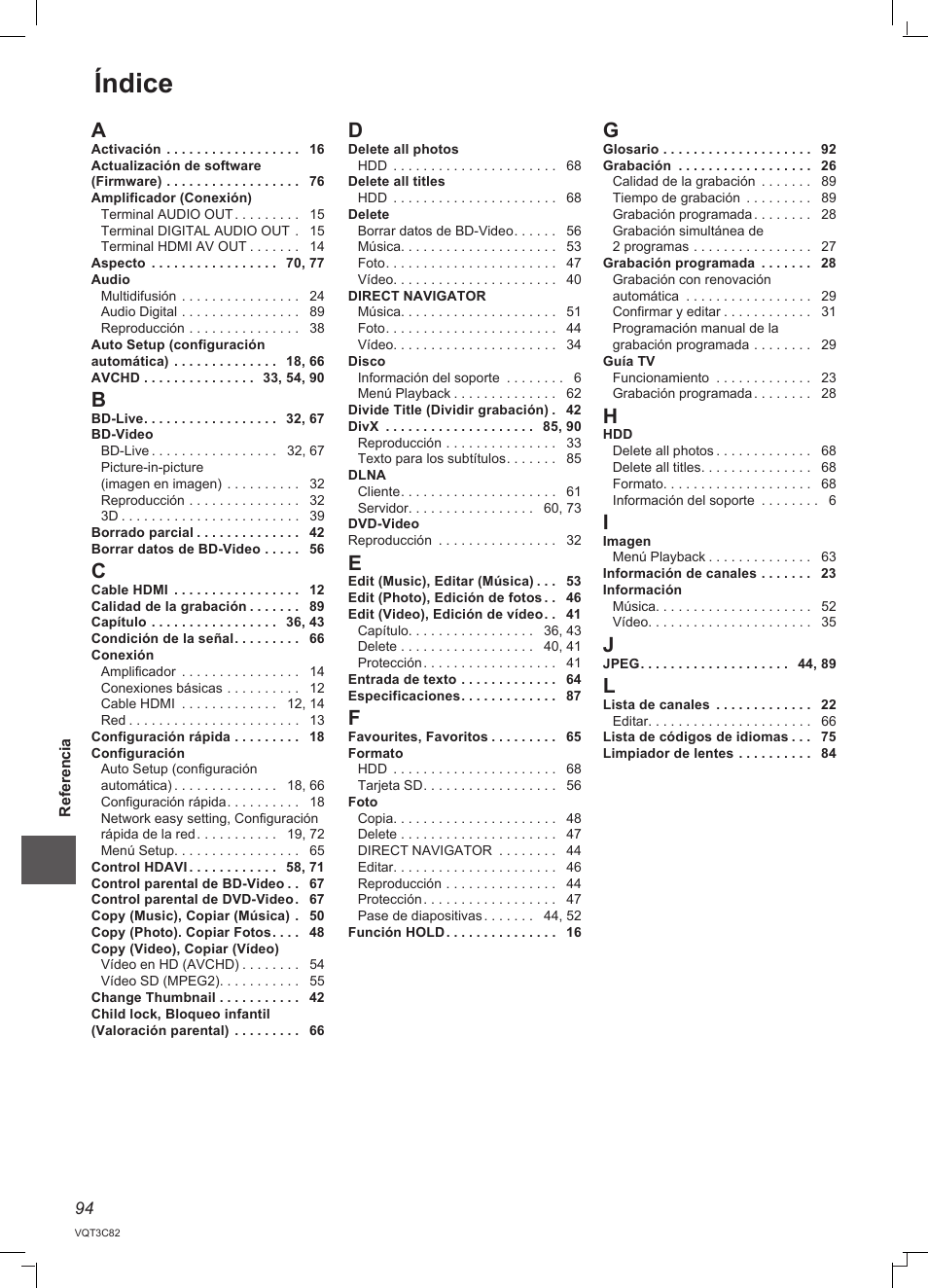 Índice | Panasonic DMRPWT500EC User Manual | Page 94 / 96