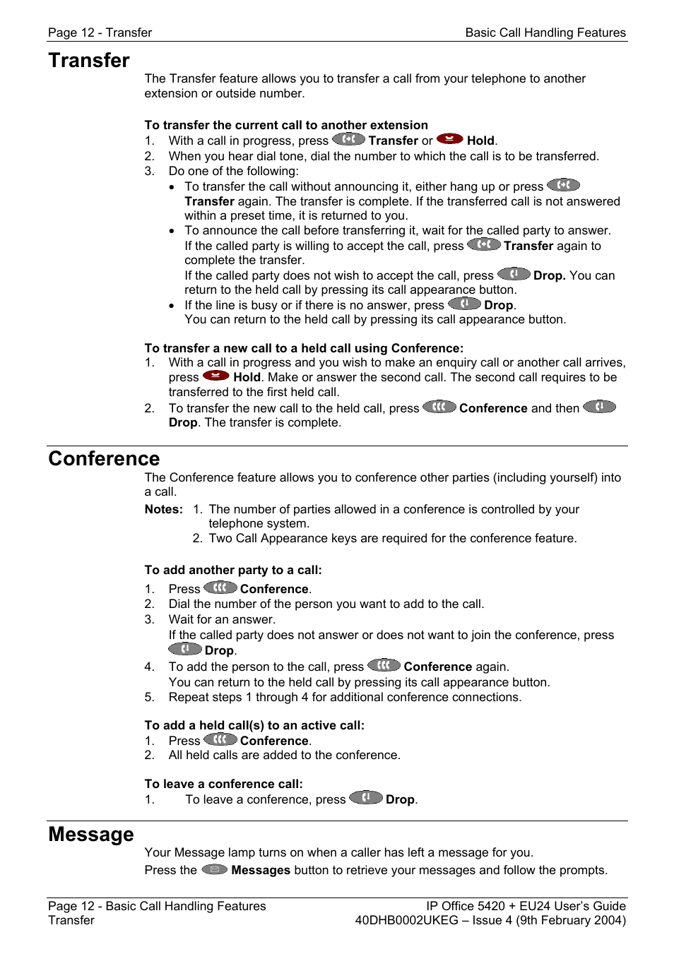 Transfer, Conference, Message | Transfer conference message | Avaya 5420 + EU24 User Manual | Page 12 / 60