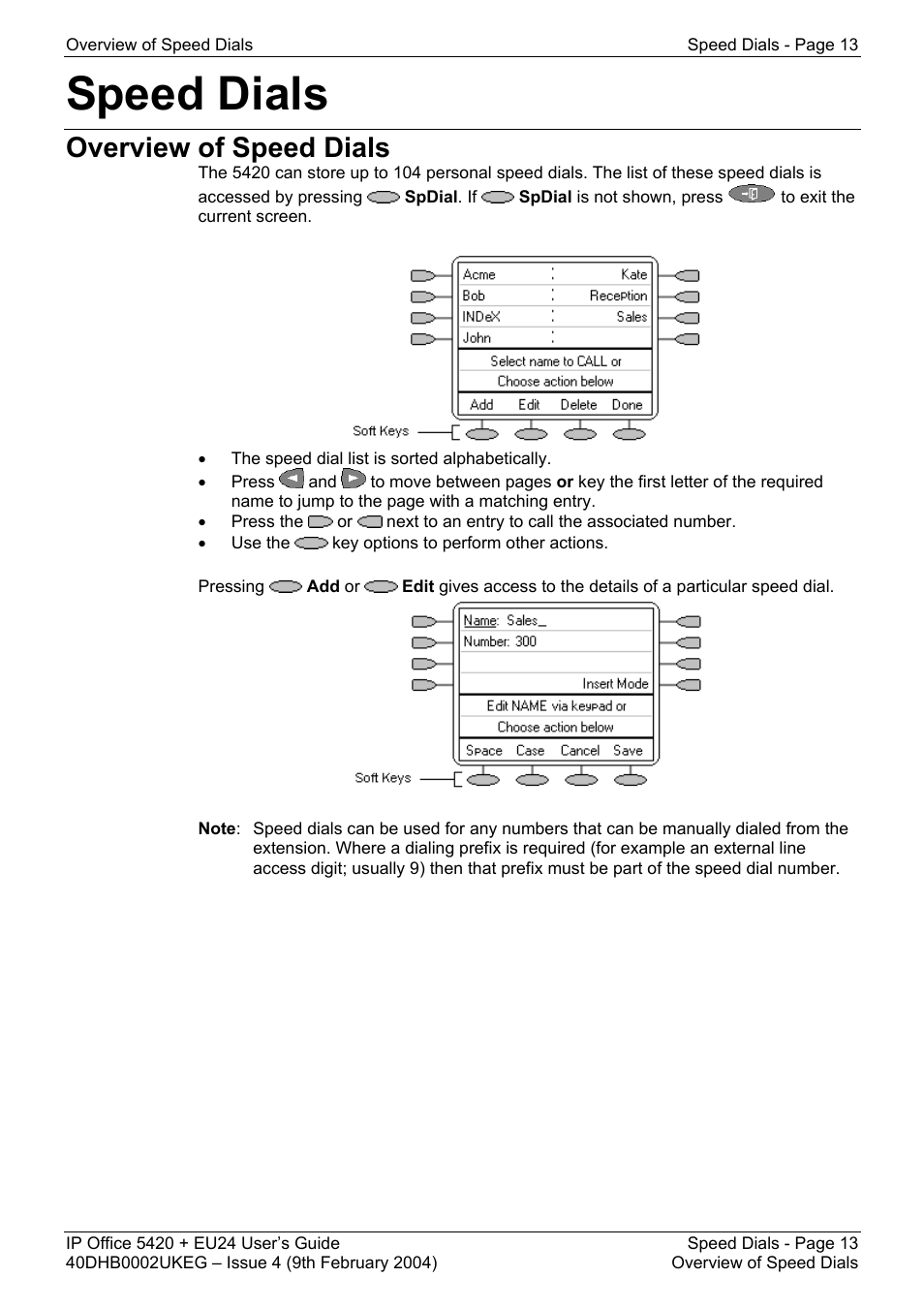 Speed dials, Overview of speed dials | Avaya 5420 + EU24 User Manual | Page 13 / 60