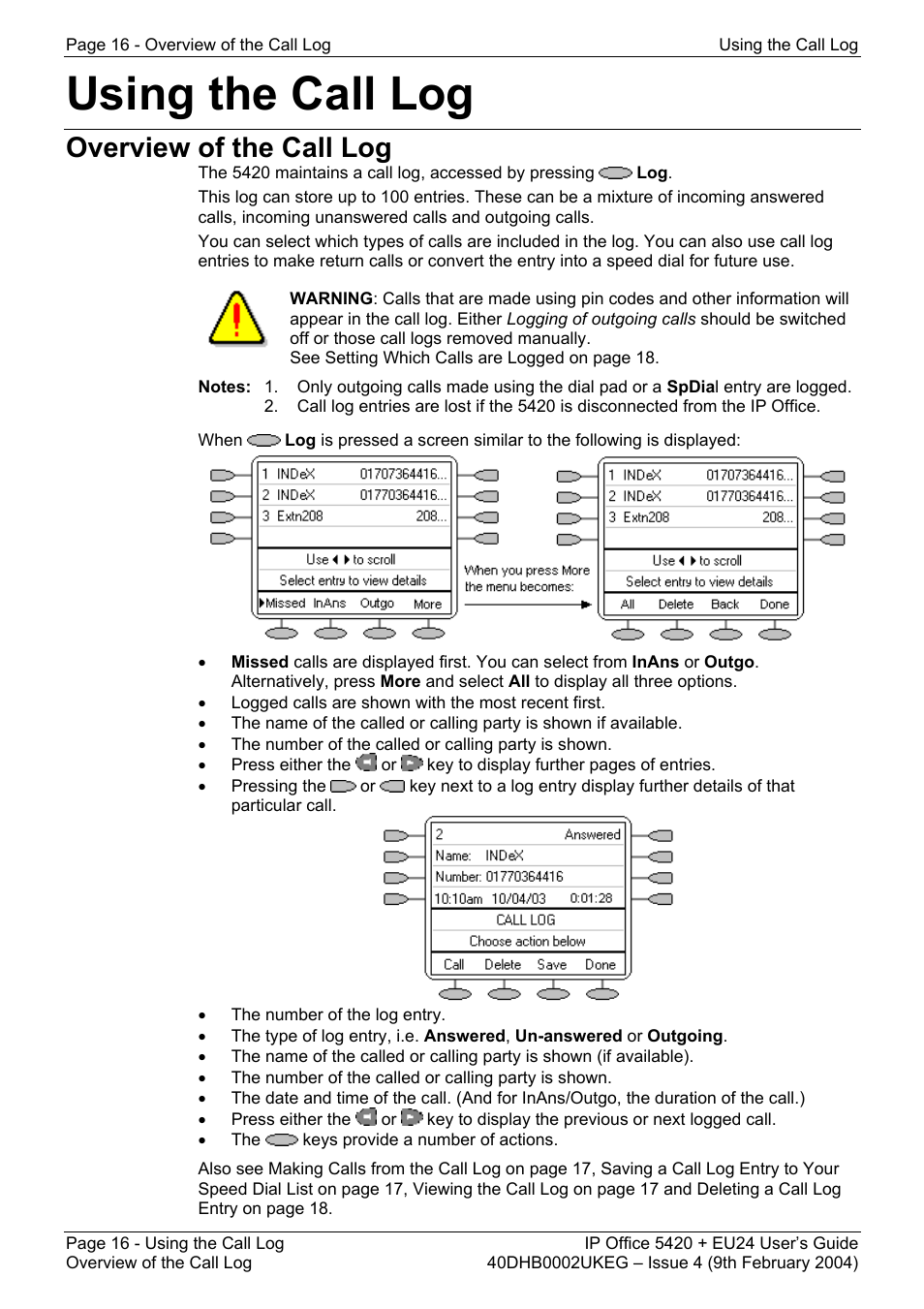 Using the call log, Overview of the call log | Avaya 5420 + EU24 User Manual | Page 16 / 60