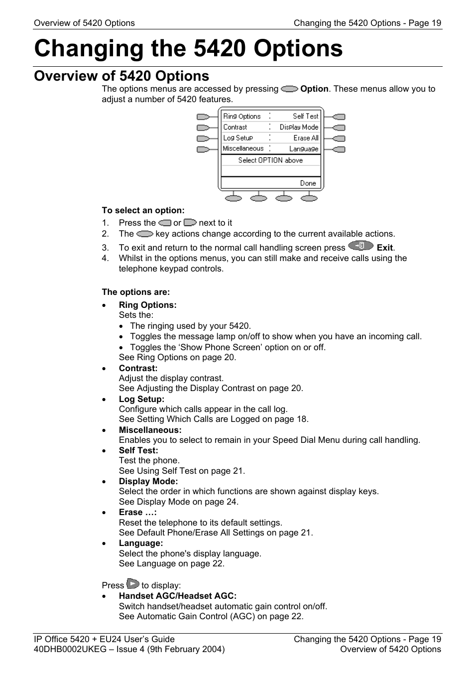 Changing the 5420 options, Overview of 5420 options | Avaya 5420 + EU24 User Manual | Page 19 / 60