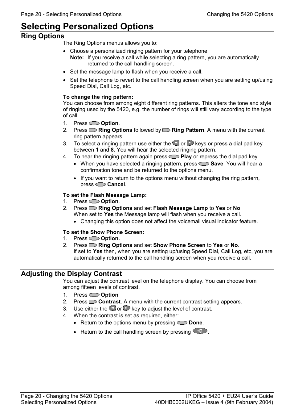 Selecting personalized options, Ring options, Adjusting the display contrast | Avaya 5420 + EU24 User Manual | Page 20 / 60