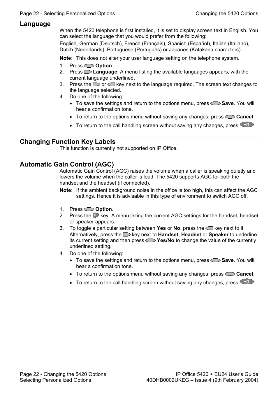 Language, Changing function key labels, Automatic gain control (agc) | Avaya 5420 + EU24 User Manual | Page 22 / 60