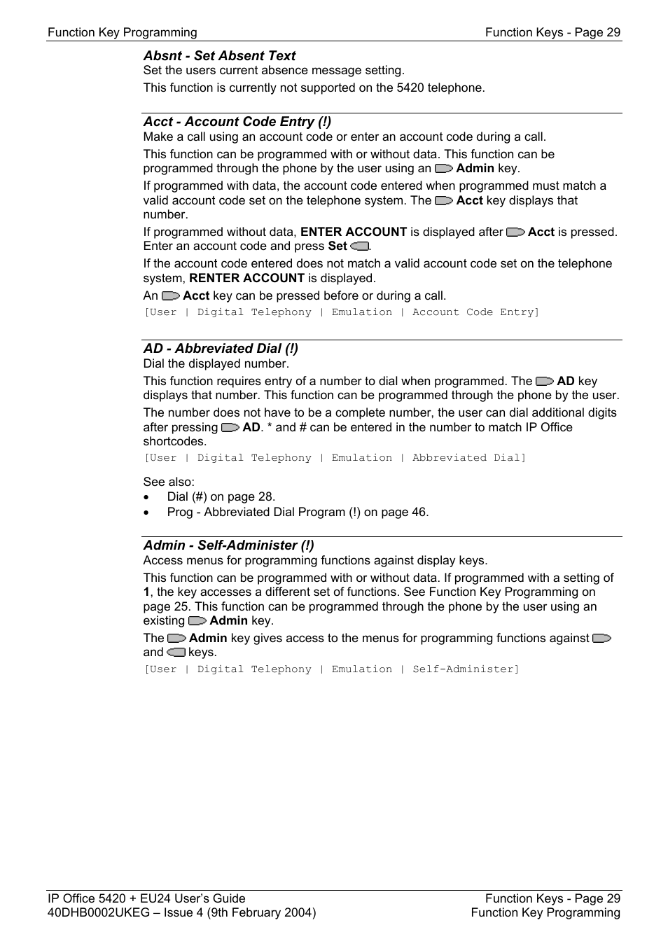 Absnt - set absent text, Acct - account code entry (!), Ad - abbreviated dial (!) | Admin - self-administer (!) | Avaya 5420 + EU24 User Manual | Page 29 / 60