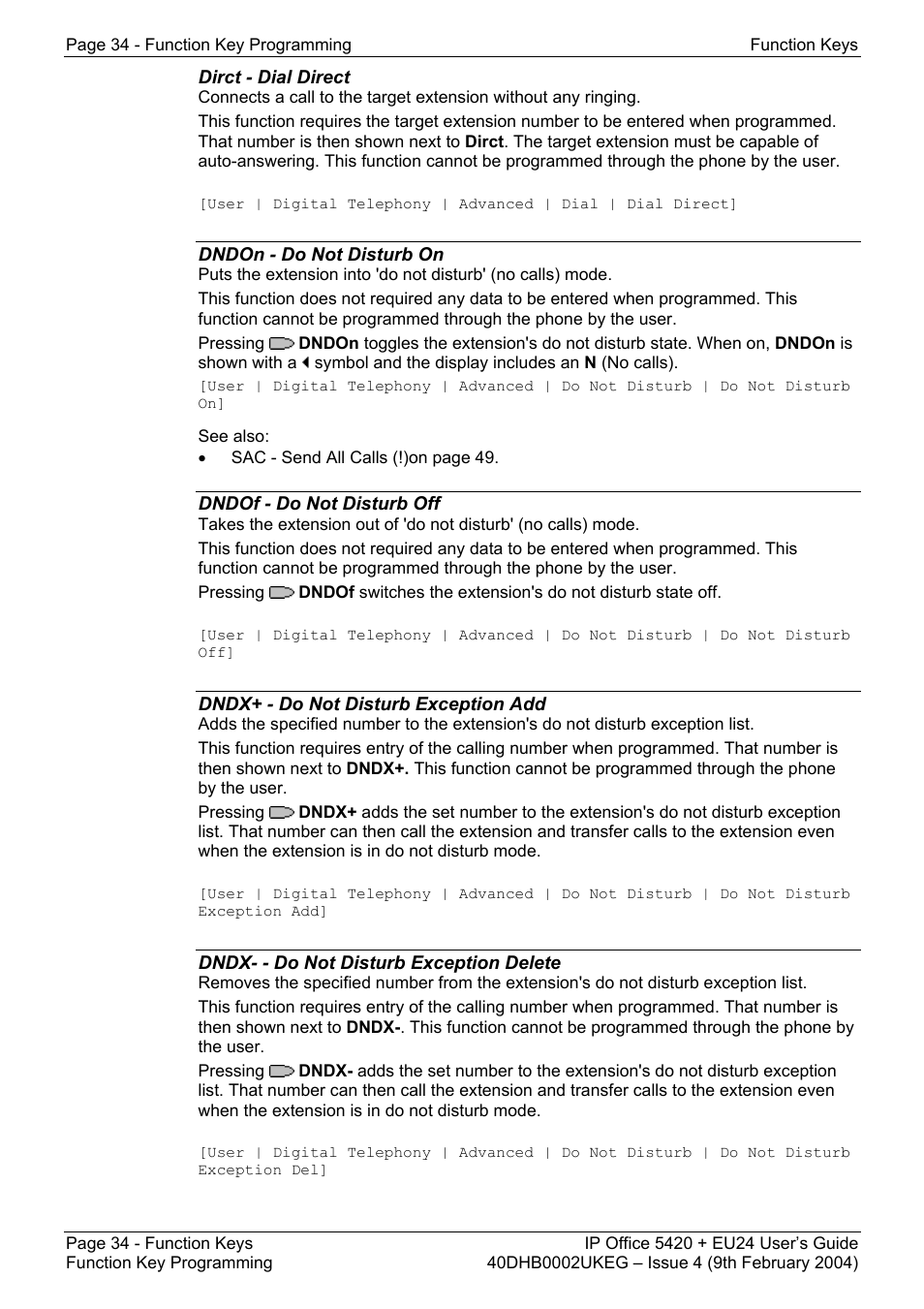 Dirct - dial direct, Dndon - do not disturb on, Dndof - do not disturb off | Dndx+ - do not disturb exception add, Dndx- - do not disturb exception delete | Avaya 5420 + EU24 User Manual | Page 34 / 60