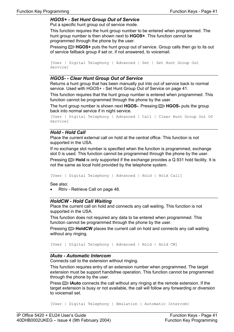 Hgos+ - set hunt group out of service, Hgos- - clear hunt group out of service, Hold - hold call | Holdcw - hold call waiting, Iauto - automatic intercom | Avaya 5420 + EU24 User Manual | Page 41 / 60