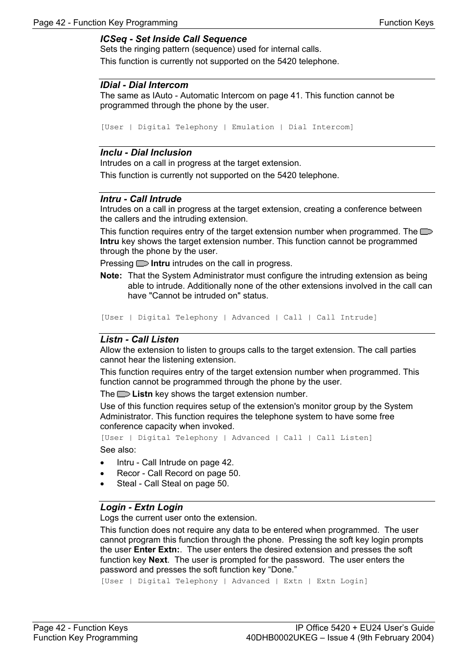 Icseq - set inside call sequence, Idial - dial intercom, Inclu - dial inclusion | Intru - call intrude, Listn - call listen, Login - extn login | Avaya 5420 + EU24 User Manual | Page 42 / 60