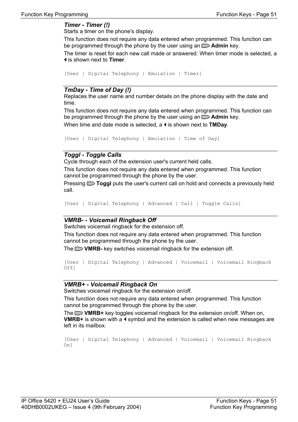 Timer - timer (!), Tmday - time of day (!), Toggl - toggle calls | Vmrb- - voicemail ringback off, Vmrb+ - voicemail ringback on | Avaya 5420 + EU24 User Manual | Page 51 / 60