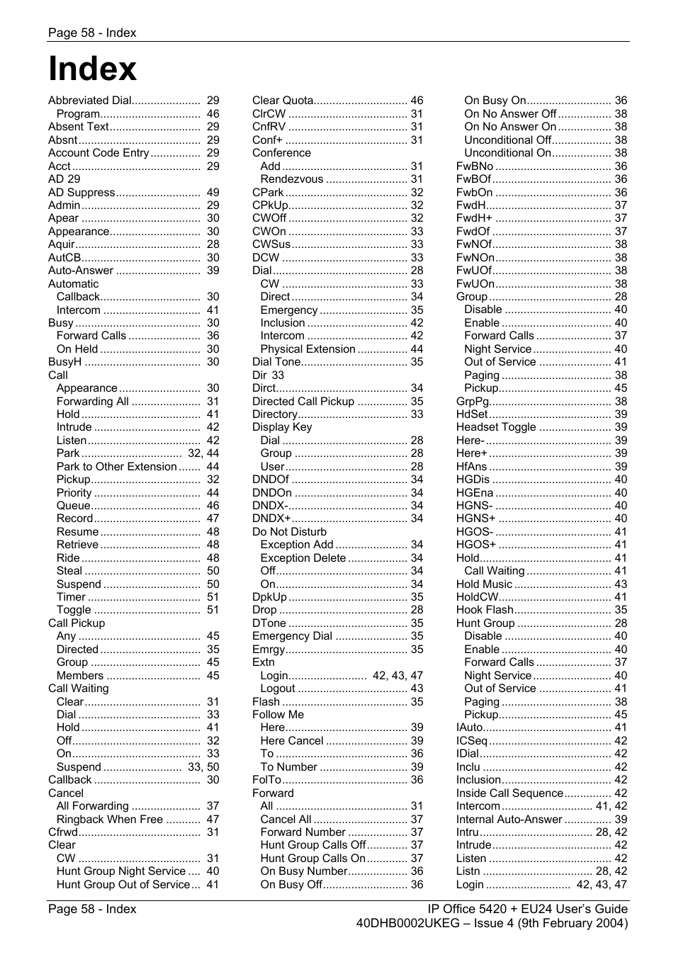 Index | Avaya 5420 + EU24 User Manual | Page 58 / 60