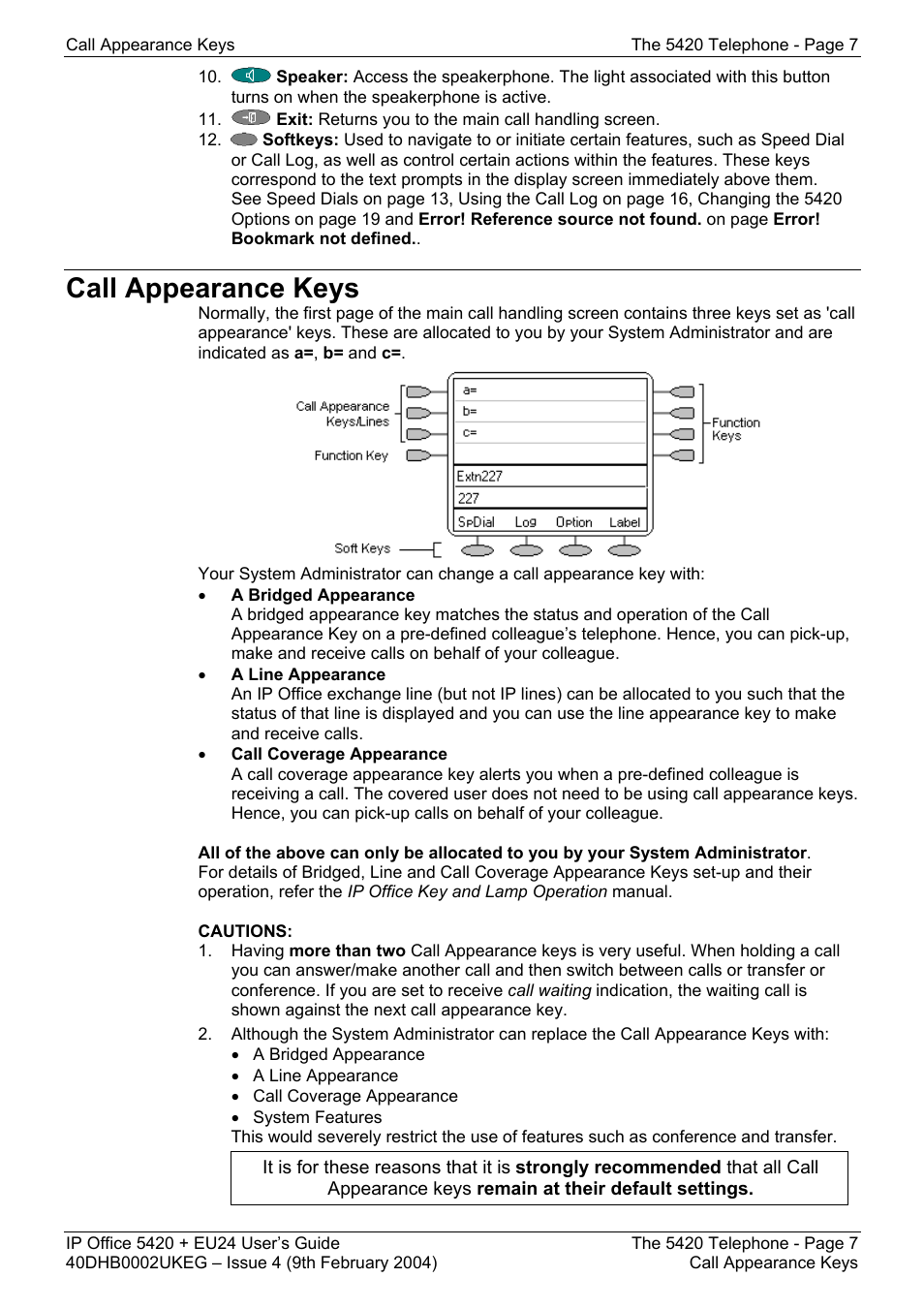 Call appearance keys | Avaya 5420 + EU24 User Manual | Page 7 / 60