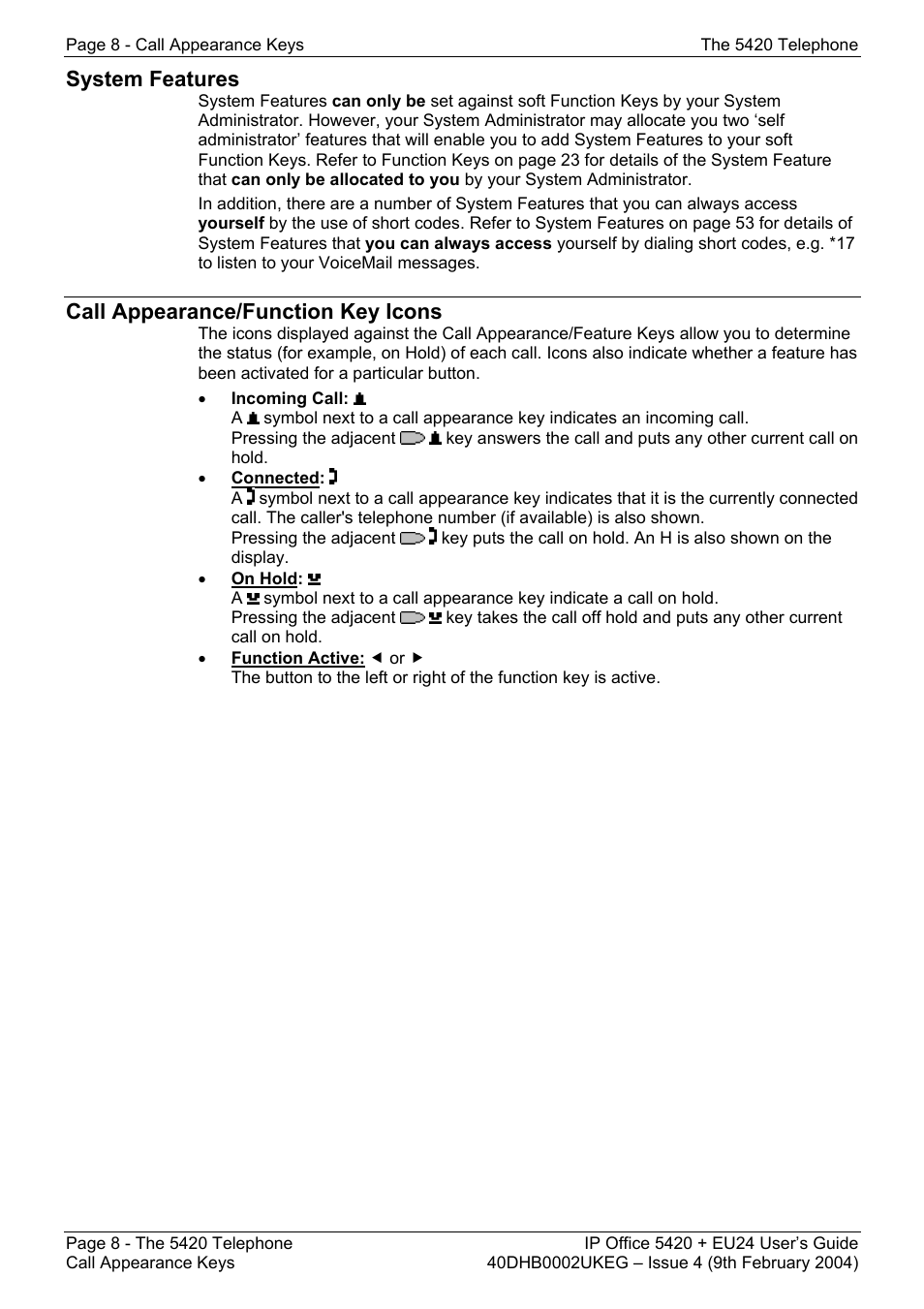 System features, Call appearance/function key icons | Avaya 5420 + EU24 User Manual | Page 8 / 60