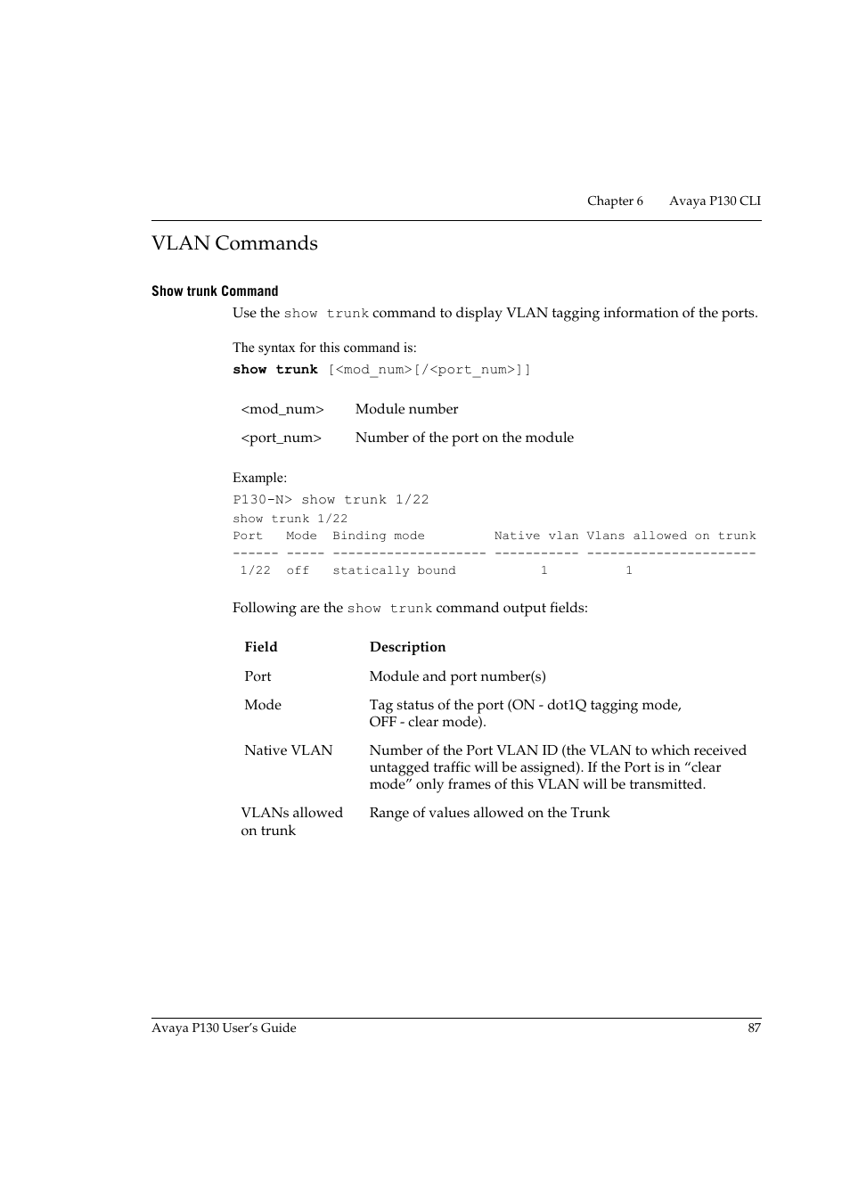 Vlan commands, Show trunk command | Avaya P130 User Manual | Page 101 / 160