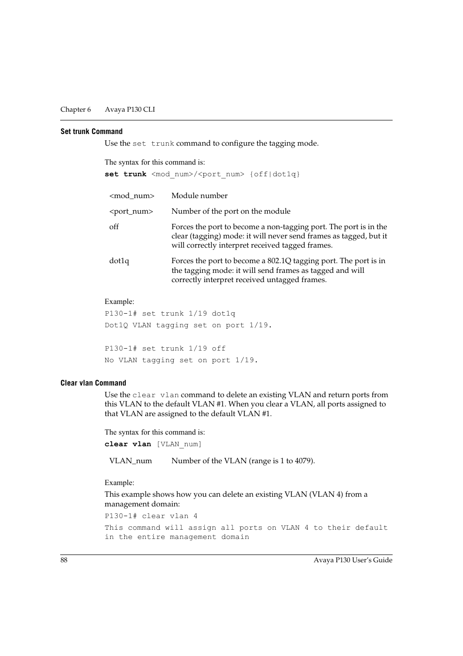 Set trunk command, Clear vlan command, Set trunk command clear vlan command | Avaya P130 User Manual | Page 102 / 160