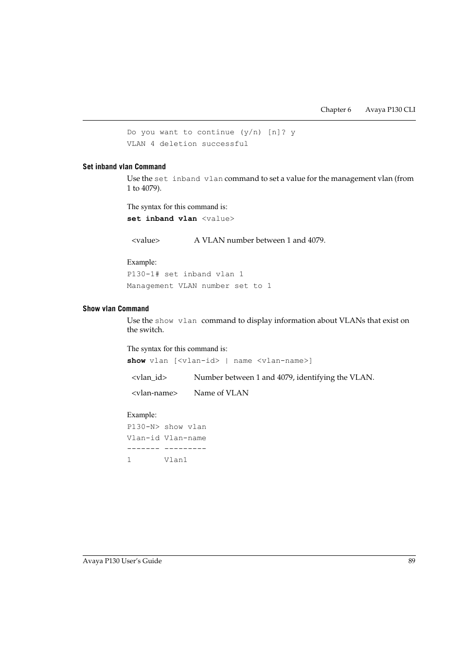 Set inband vlan command, Show vlan command, Set inband vlan command show vlan command | Avaya P130 User Manual | Page 103 / 160