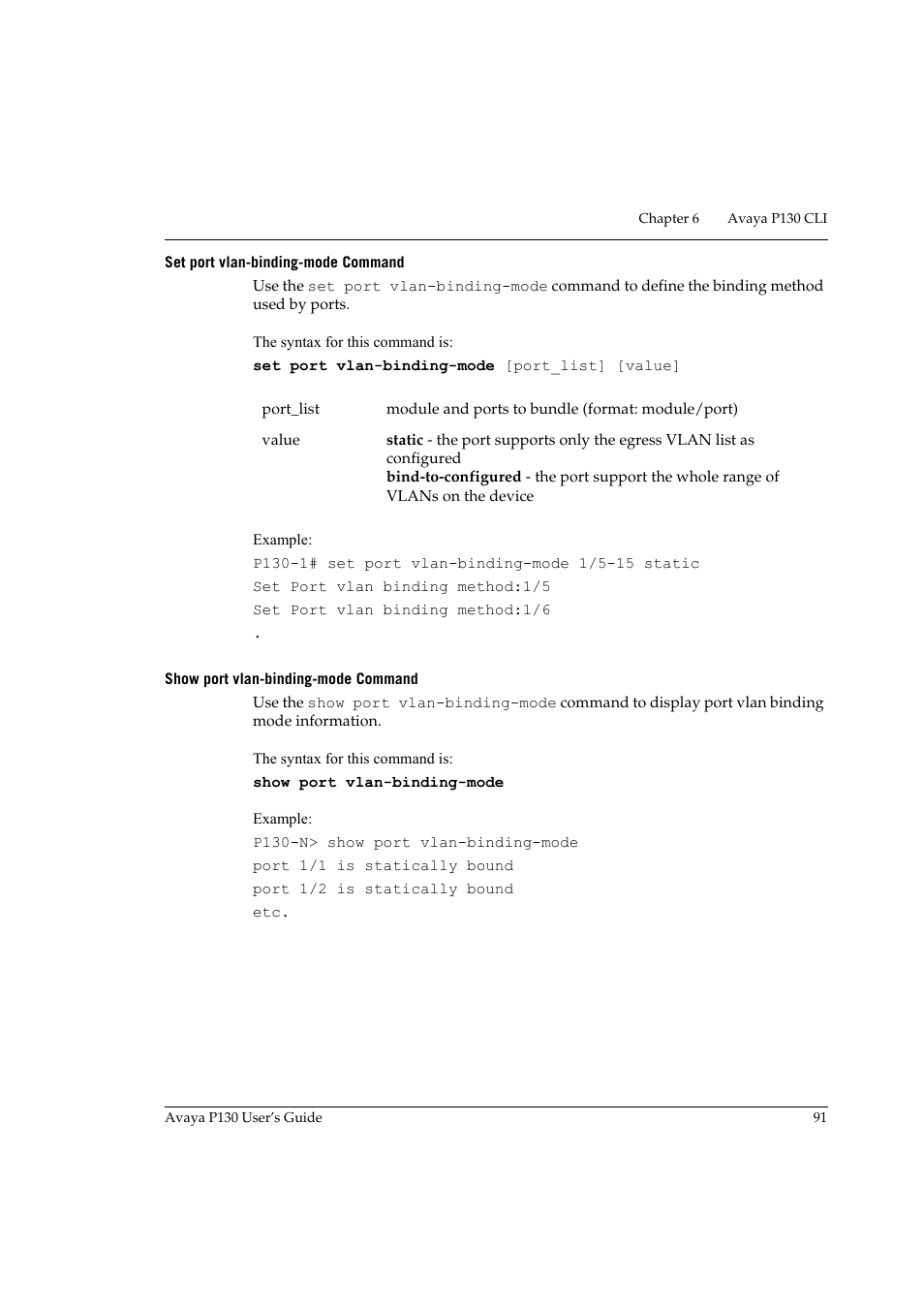 Set port vlan-binding-mode command, Show port vlan-binding-mode command | Avaya P130 User Manual | Page 105 / 160
