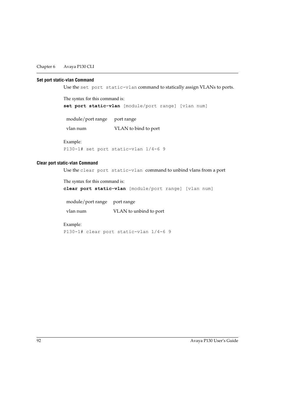 Set port static-vlan command, Clear port static-vlan command | Avaya P130 User Manual | Page 106 / 160
