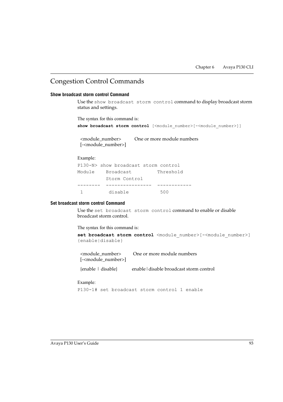 Congestion control commands, Show broadcast storm control command, Set broadcast storm control command | Age 93 | Avaya P130 User Manual | Page 107 / 160