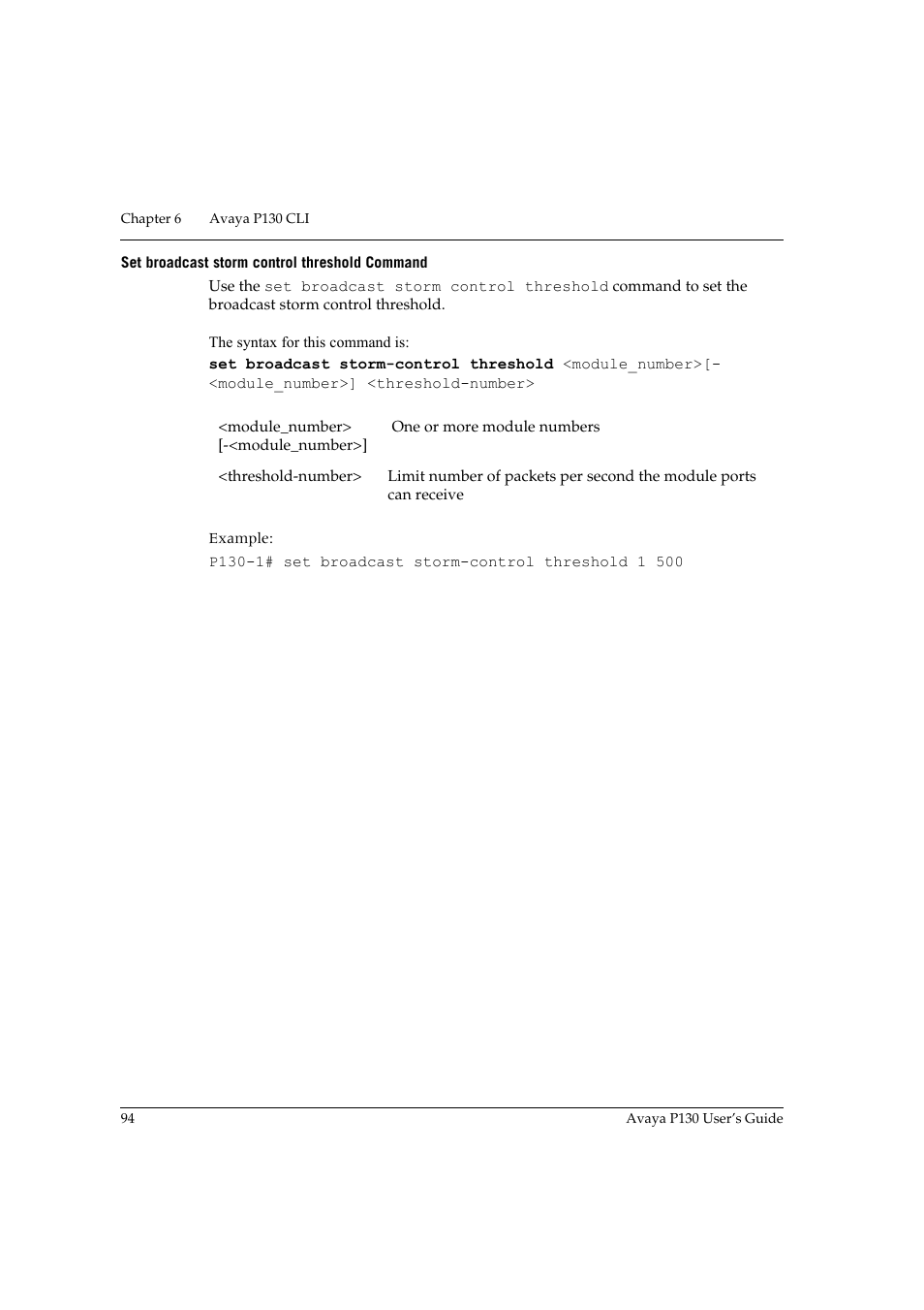 Set broadcast storm control threshold command | Avaya P130 User Manual | Page 108 / 160