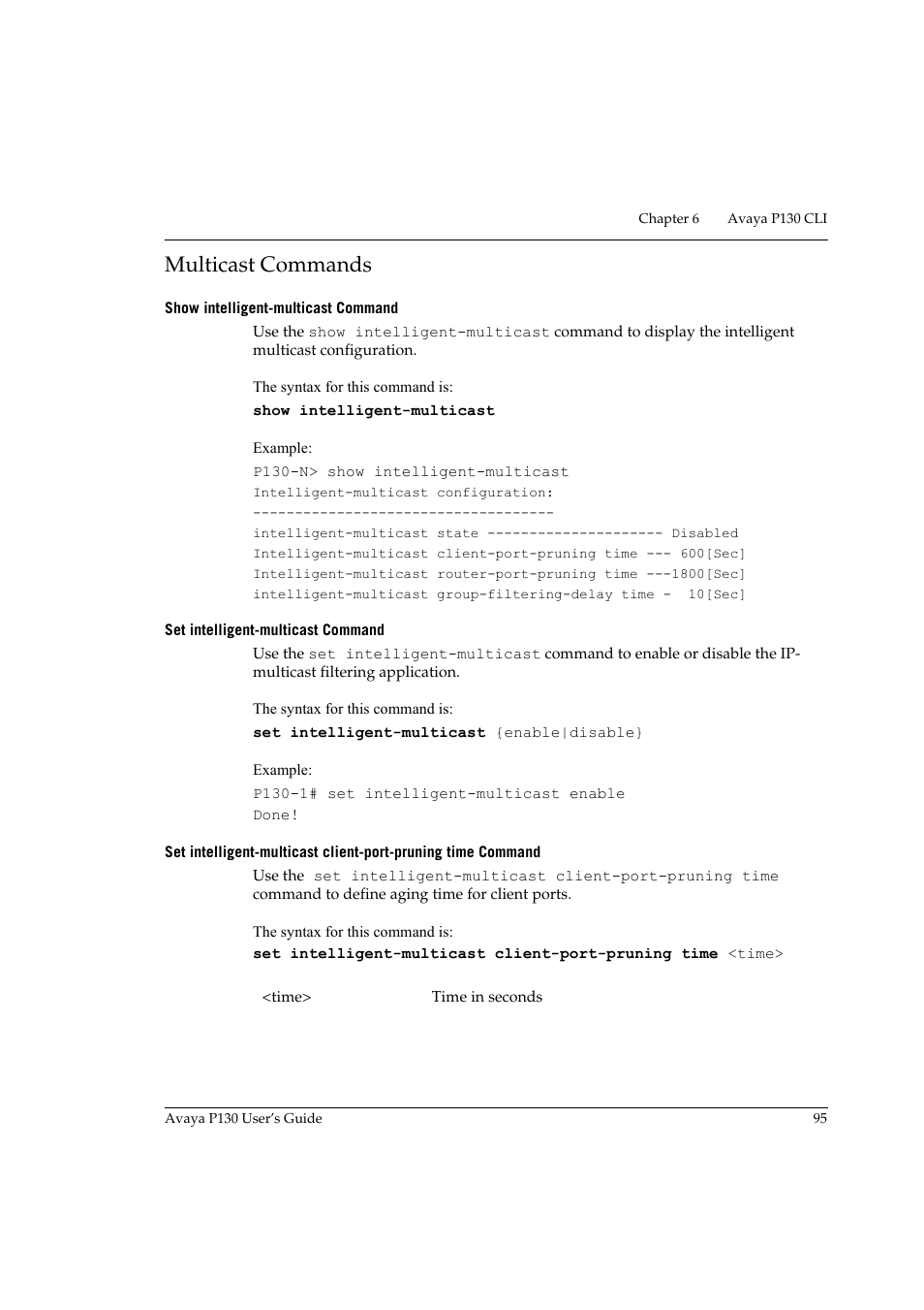 Multicast commands, Show intelligent-multicast command, Set intelligent-multicast command | Age 95 | Avaya P130 User Manual | Page 109 / 160