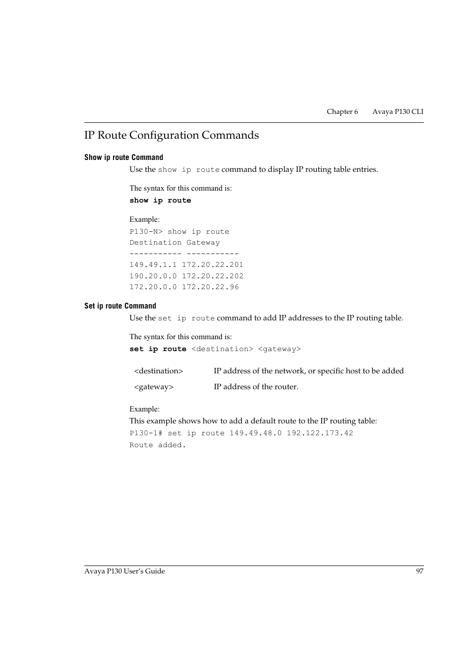 Ip route configuration commands, Show ip route command, Set ip route command | Show ip route command set ip route command, Age 97 | Avaya P130 User Manual | Page 111 / 160