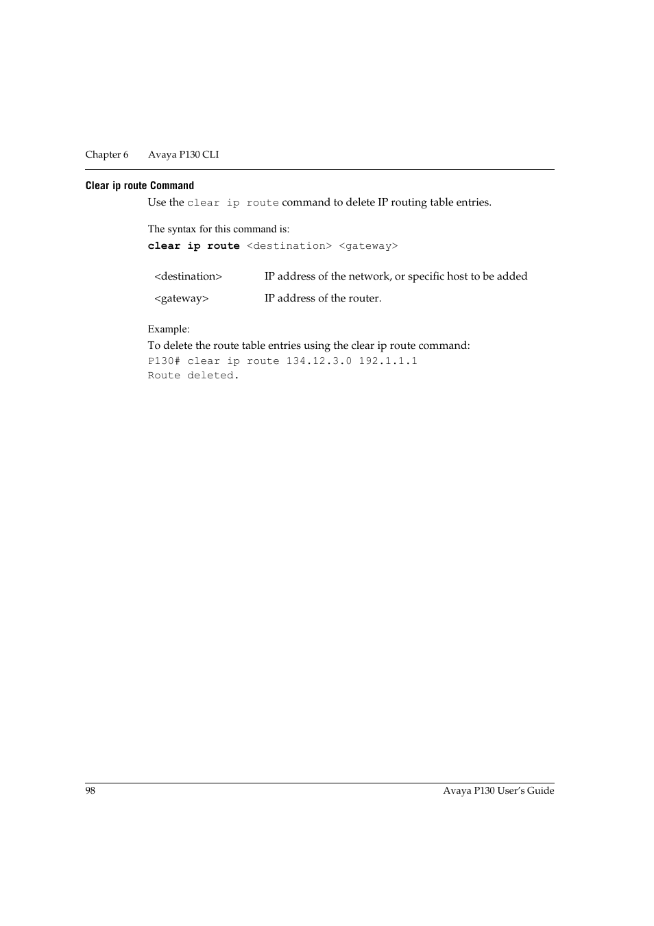 Clear ip route command | Avaya P130 User Manual | Page 112 / 160
