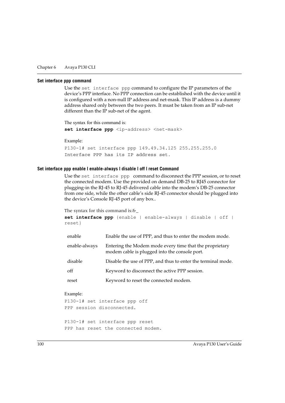 Set interface ppp command | Avaya P130 User Manual | Page 114 / 160
