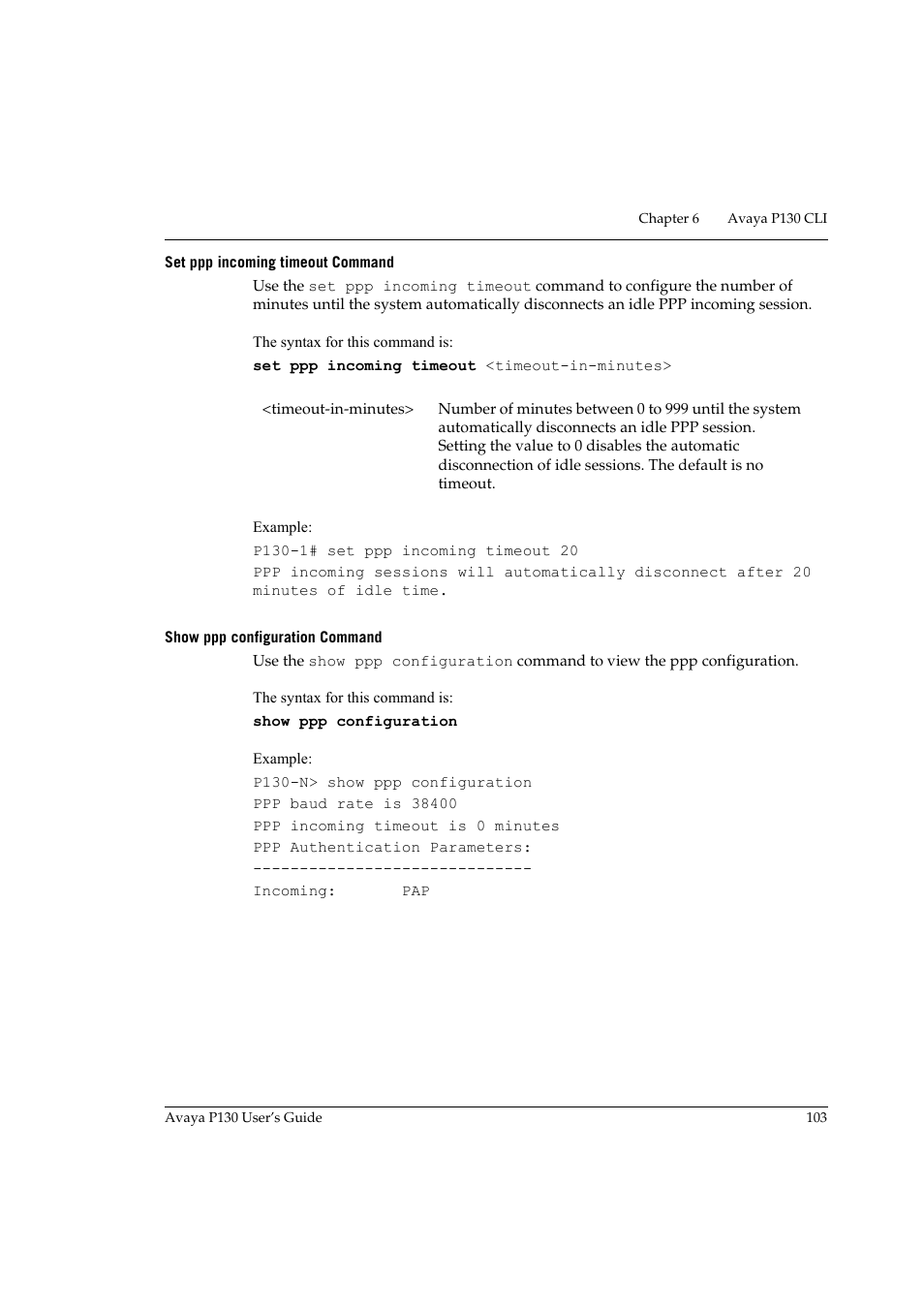 Set ppp incoming timeout command, Show ppp configuration command | Avaya P130 User Manual | Page 117 / 160