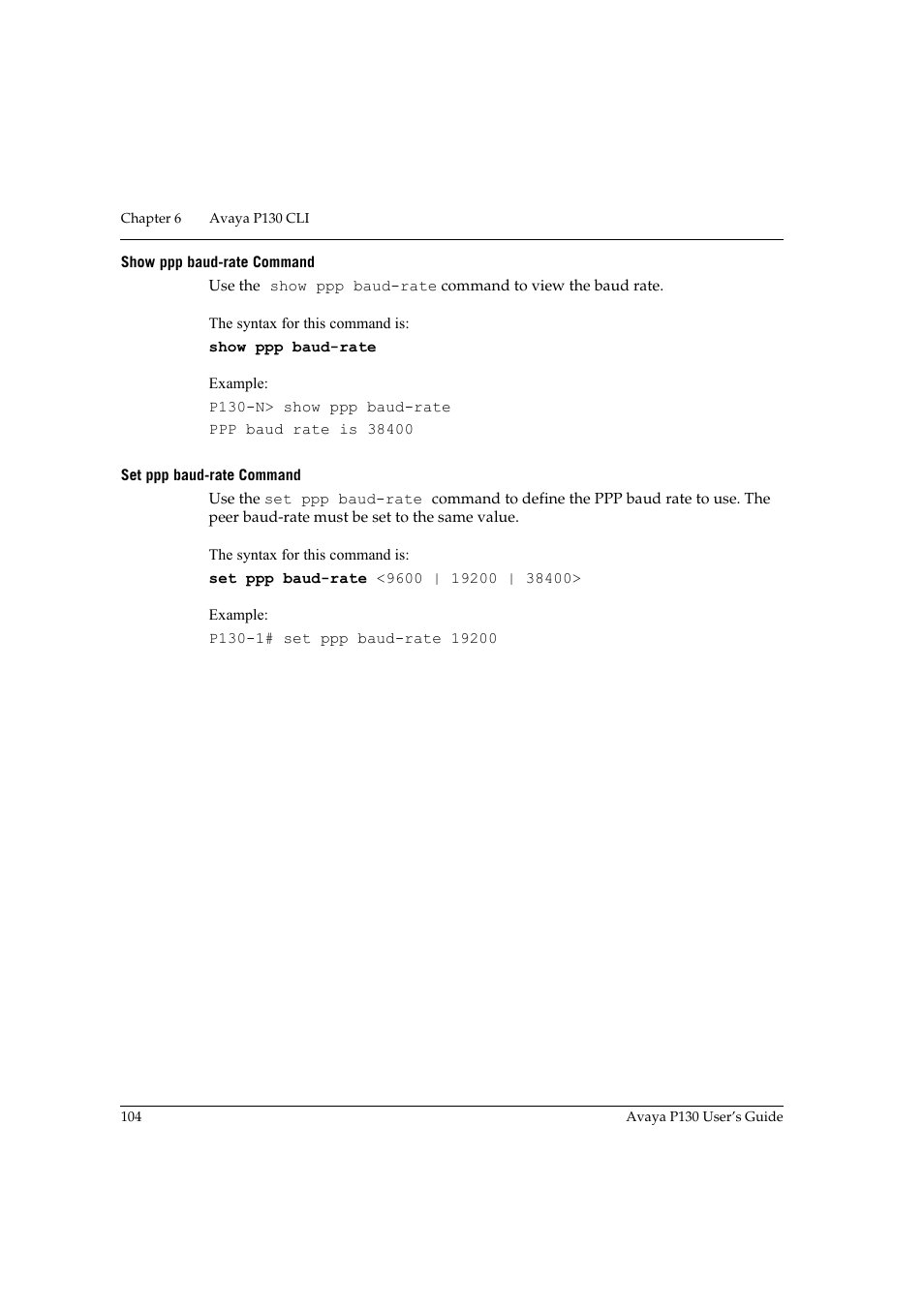 Show ppp baud-rate command, Set ppp baud-rate command | Avaya P130 User Manual | Page 118 / 160