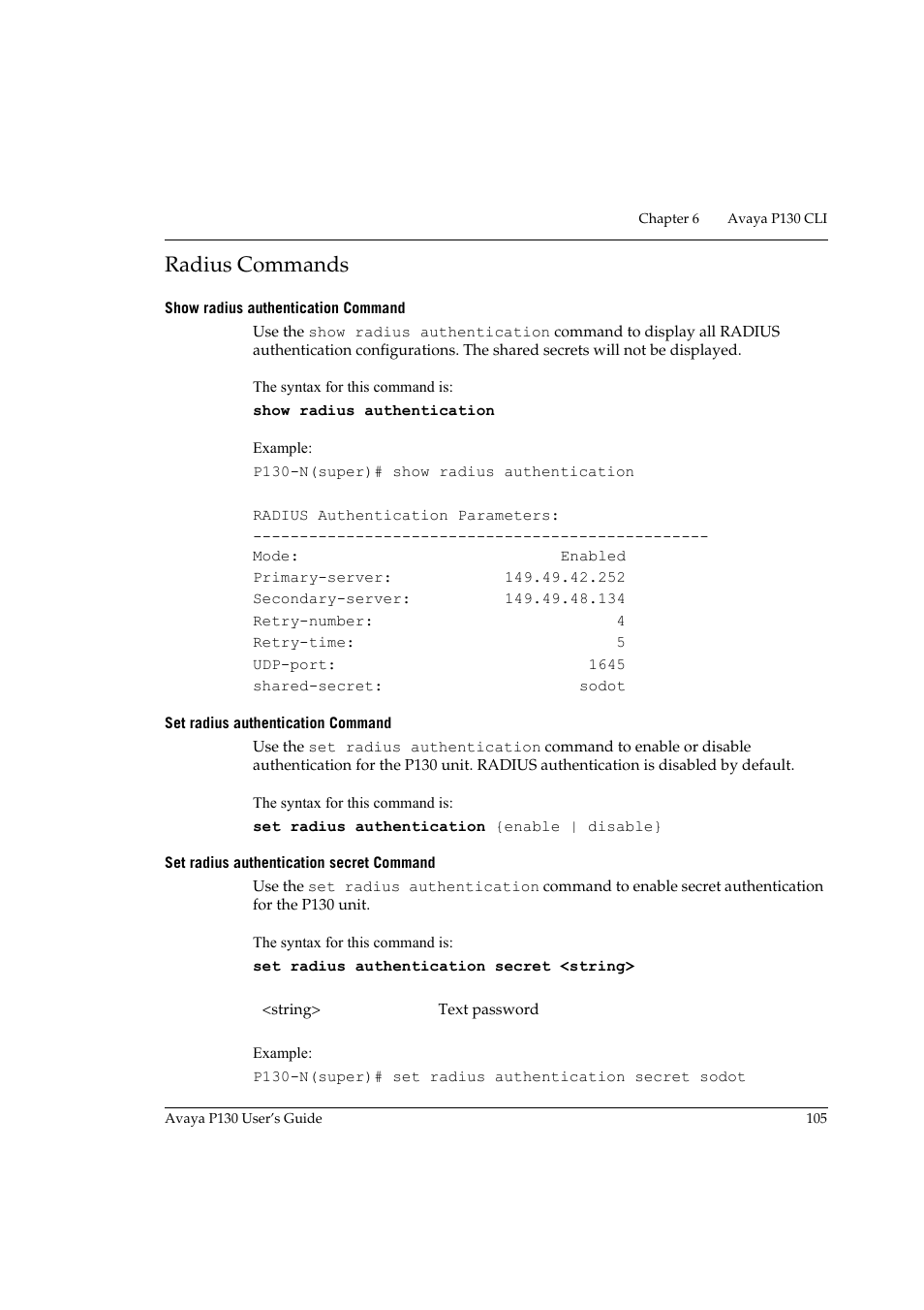 Radius commands, Show radius authentication command, Set radius authentication command | Set radius authentication secret command, Age 105 | Avaya P130 User Manual | Page 119 / 160