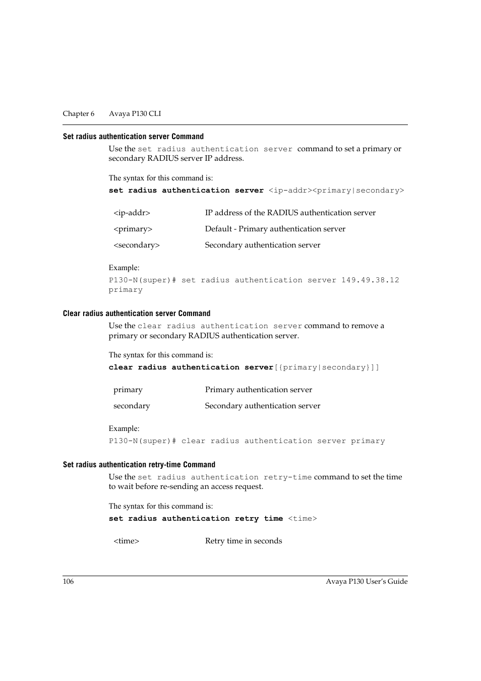 Set radius authentication server command, Clear radius authentication server command, Set radius authentication retry-time command | Avaya P130 User Manual | Page 120 / 160