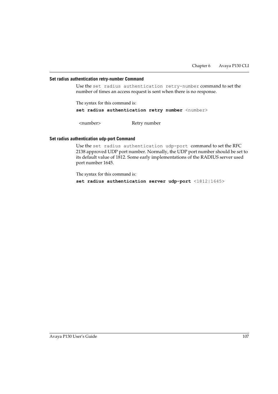 Set radius authentication retry-number command, Set radius authentication udp-port command | Avaya P130 User Manual | Page 121 / 160