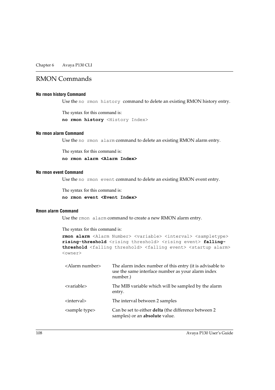 Rmon commands, No rmon history command, No rmon alarm command | No rmon event command, Rmon alarm command | Avaya P130 User Manual | Page 122 / 160