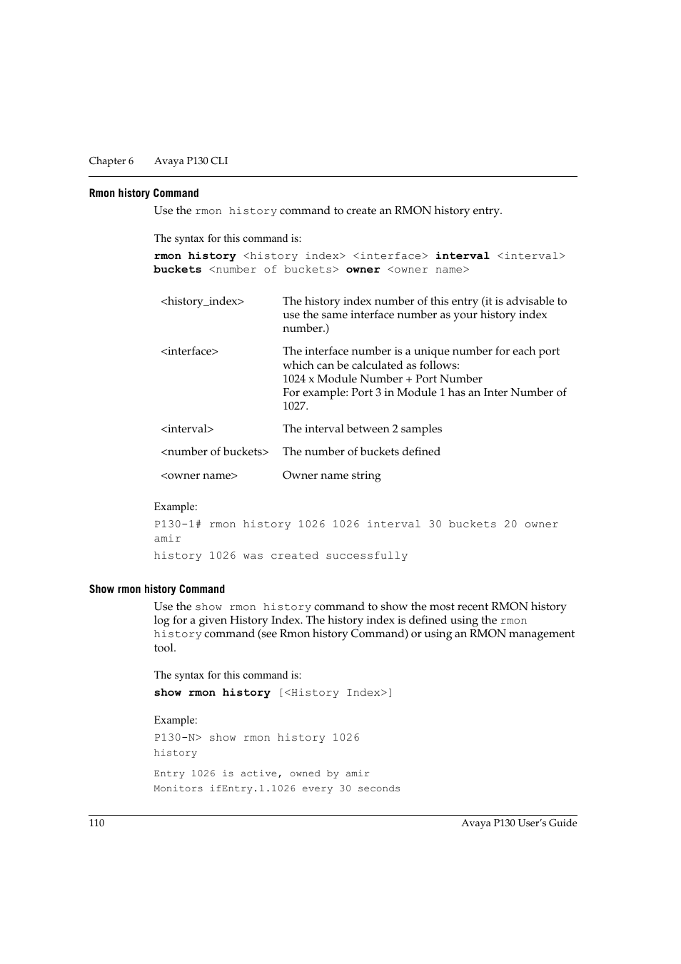 Rmon history command, Show rmon history command, Rmon history command show rmon history command | Avaya P130 User Manual | Page 124 / 160