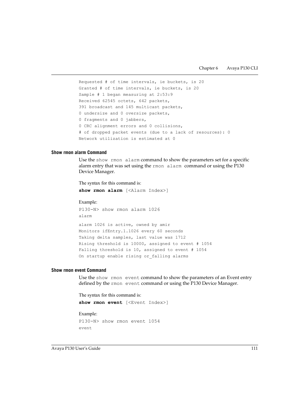 Show rmon alarm command, Show rmon event command, Show rmon alarm command show rmon event command | Avaya P130 User Manual | Page 125 / 160