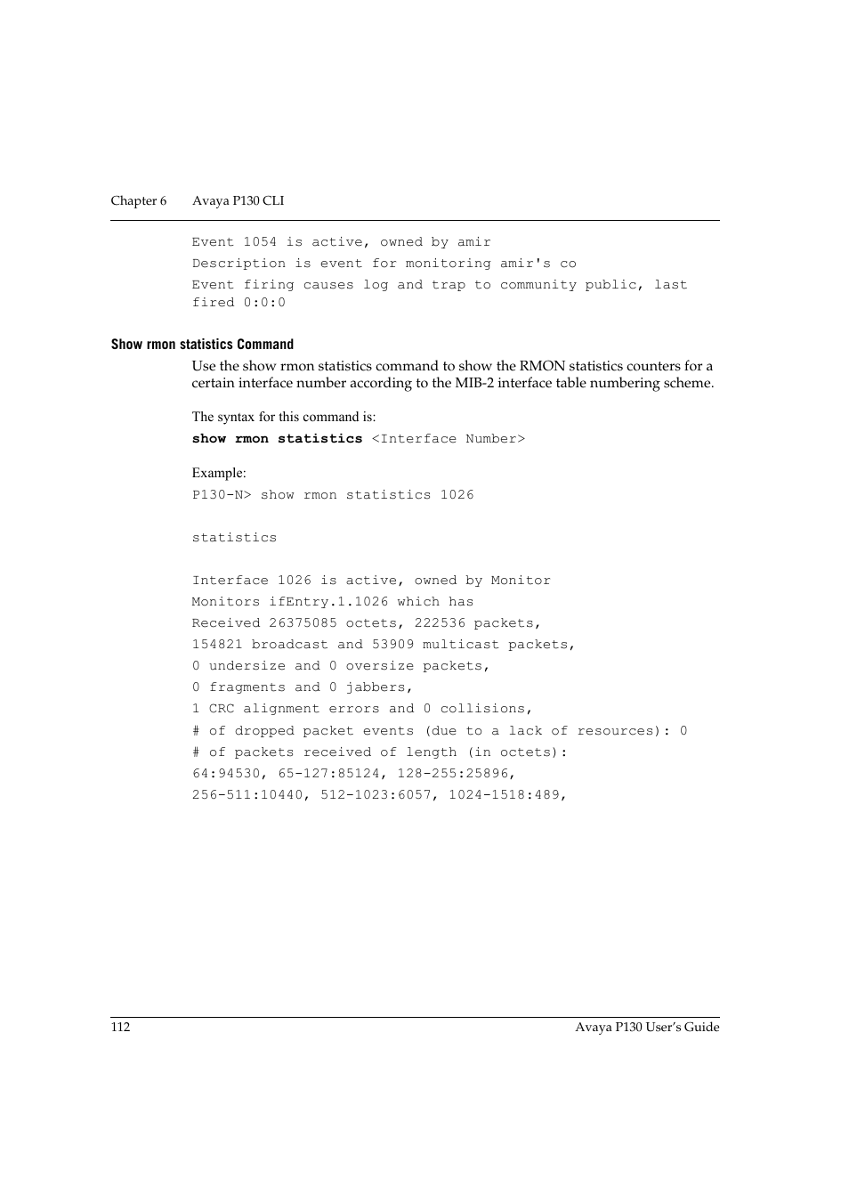 Show rmon statistics command | Avaya P130 User Manual | Page 126 / 160