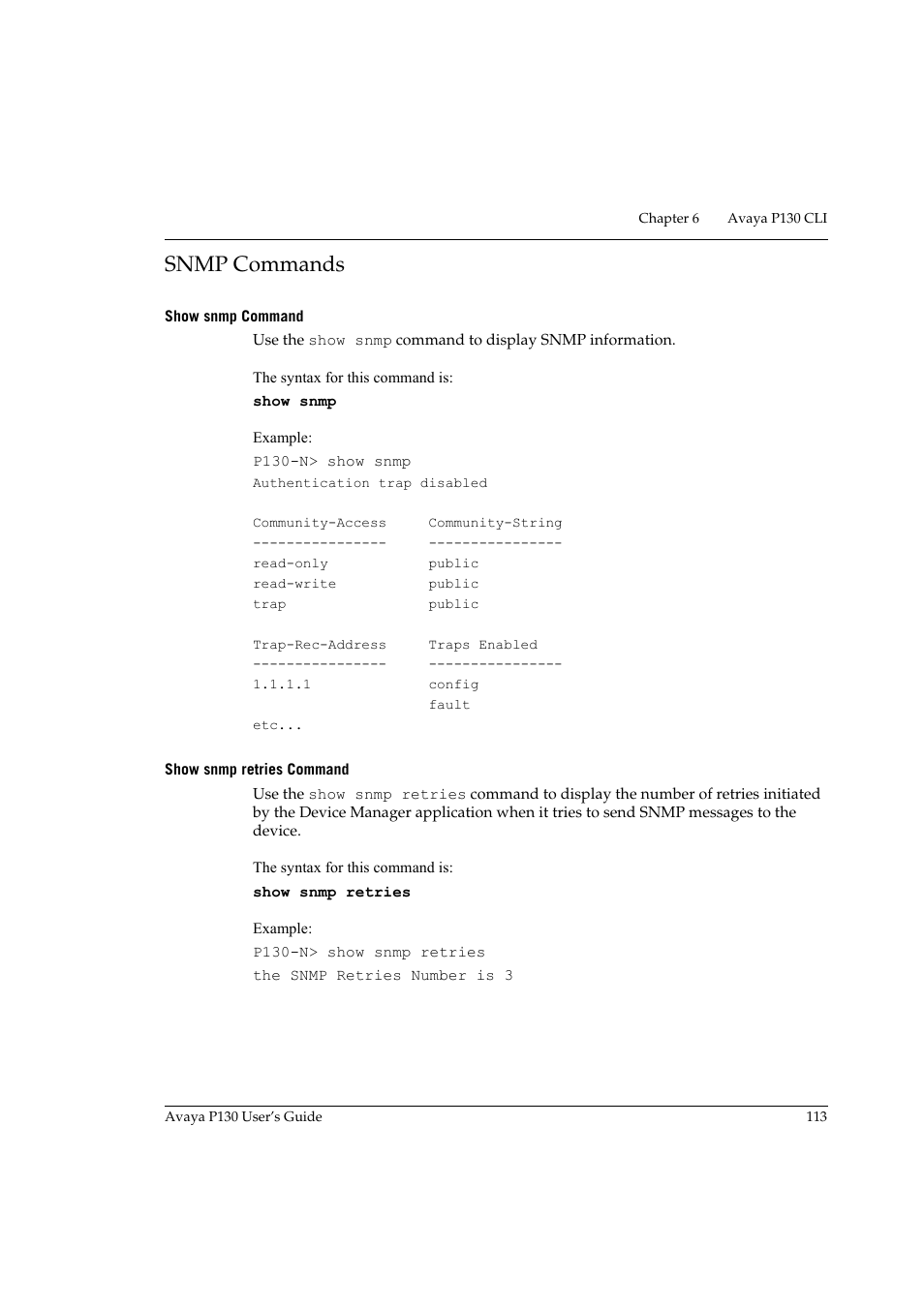 Snmp commands, Show snmp command, Show snmp retries command | Show snmp command show snmp retries command | Avaya P130 User Manual | Page 127 / 160