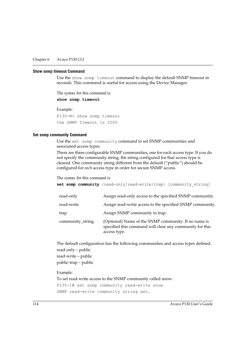 Show snmp timeout command, Set snmp community command | Avaya P130 User Manual | Page 128 / 160